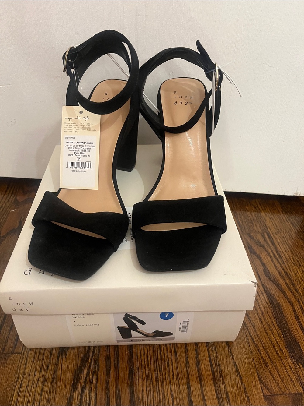a new day Black Suede Block Heel Sandals with Ankle Strap and Square Toe
